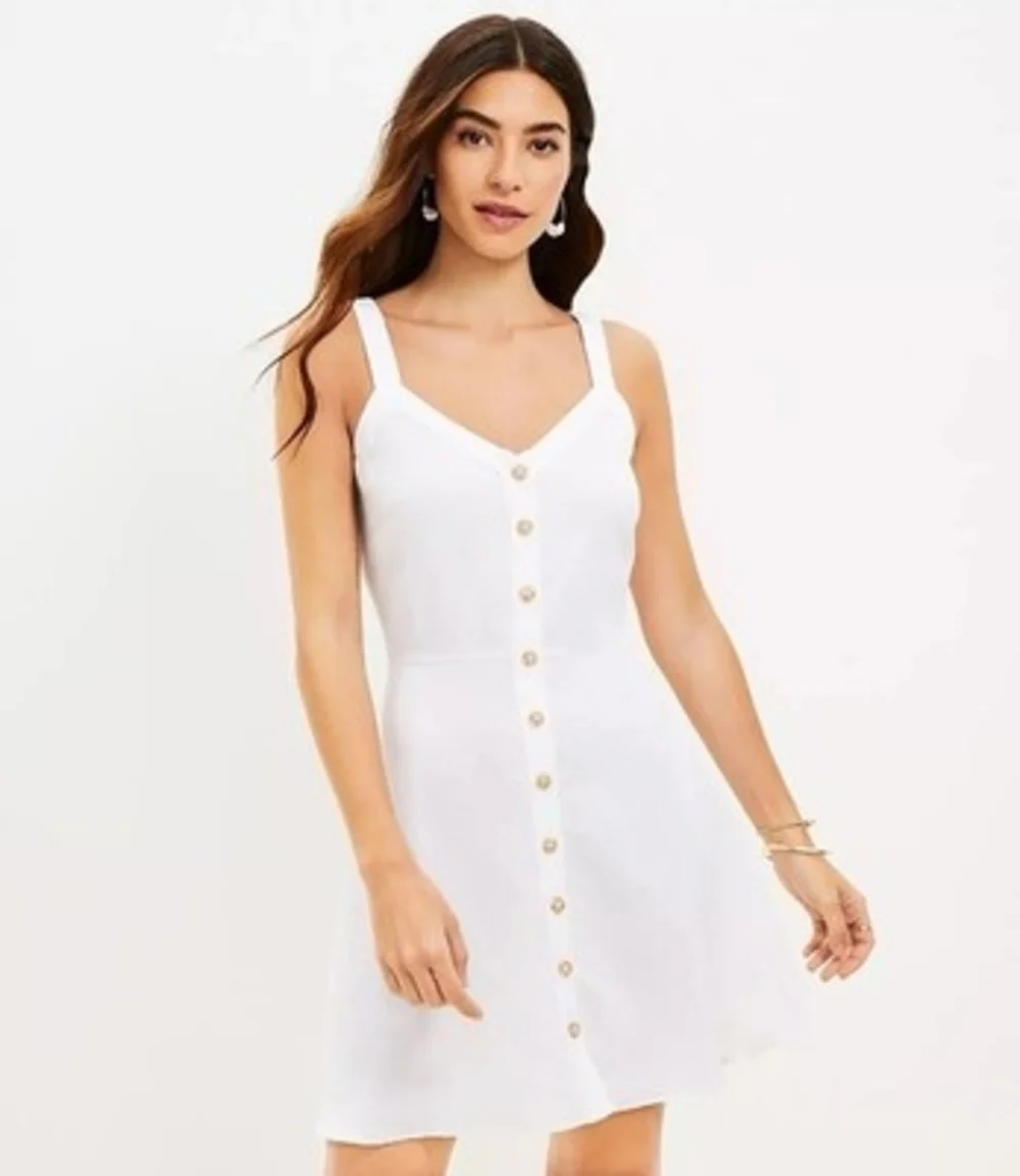 LOFT Sweetheart Button Front Flare Dress White Linen Blend Dress Size 2 NWT